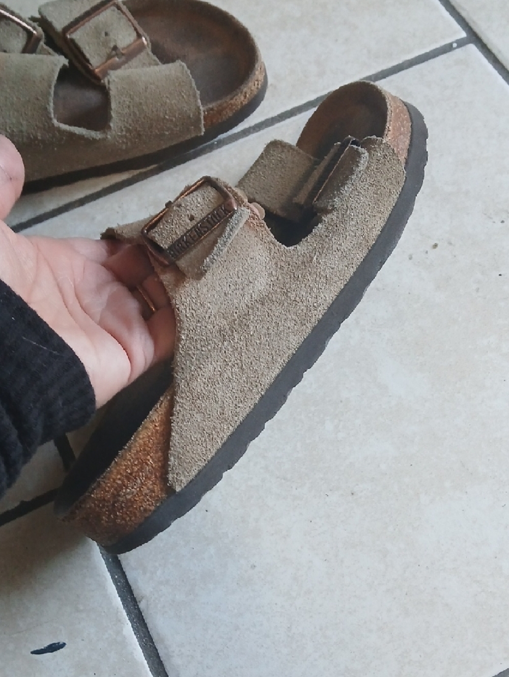 BIRKENSTOCK Womens Size 6 Arizona Suede Two-Strap Sandals - Taupe Brown - Picture 2 of 5